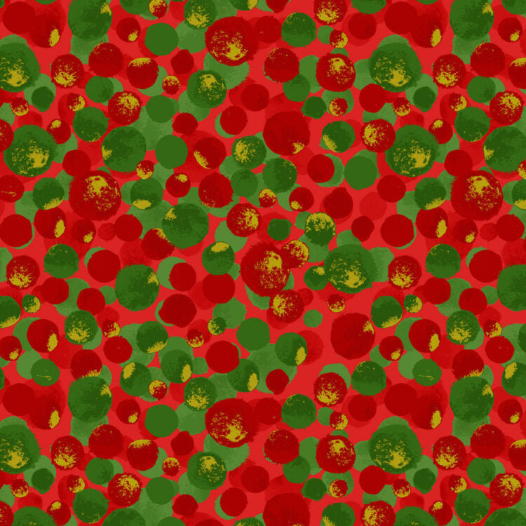 Red fabric with scattered red and green metallic polka dots in varied sizes