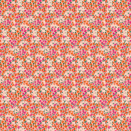Small floral cotton fabric with orange, hot pink blooms on peach background