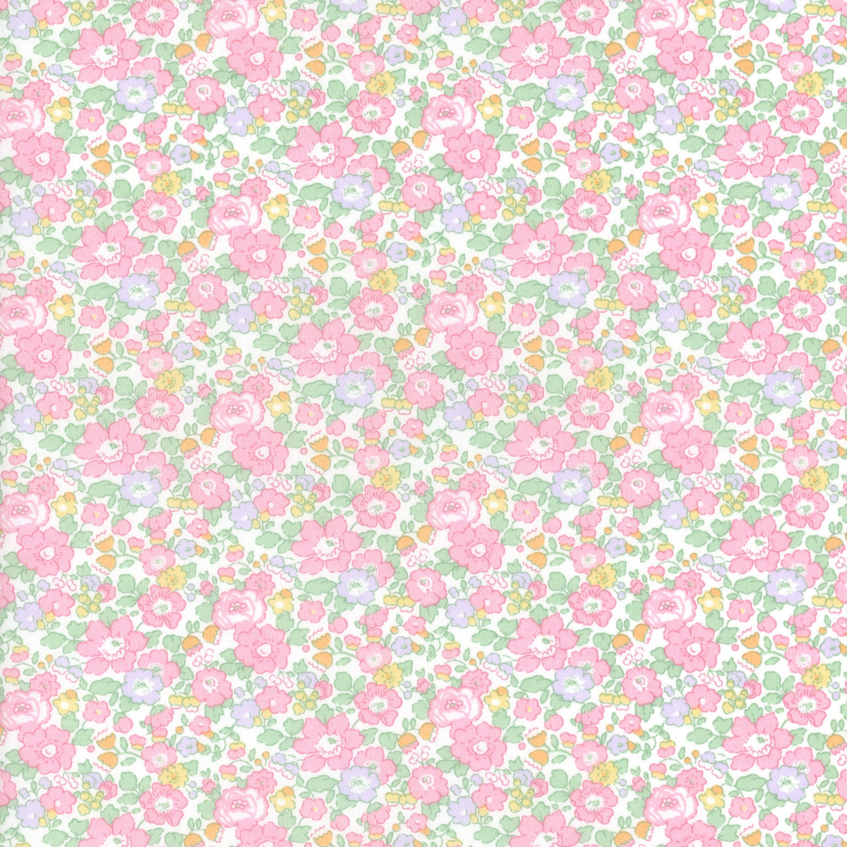 Liberty Betsy Ann H fabric with pink roses and pastel florals on white background
