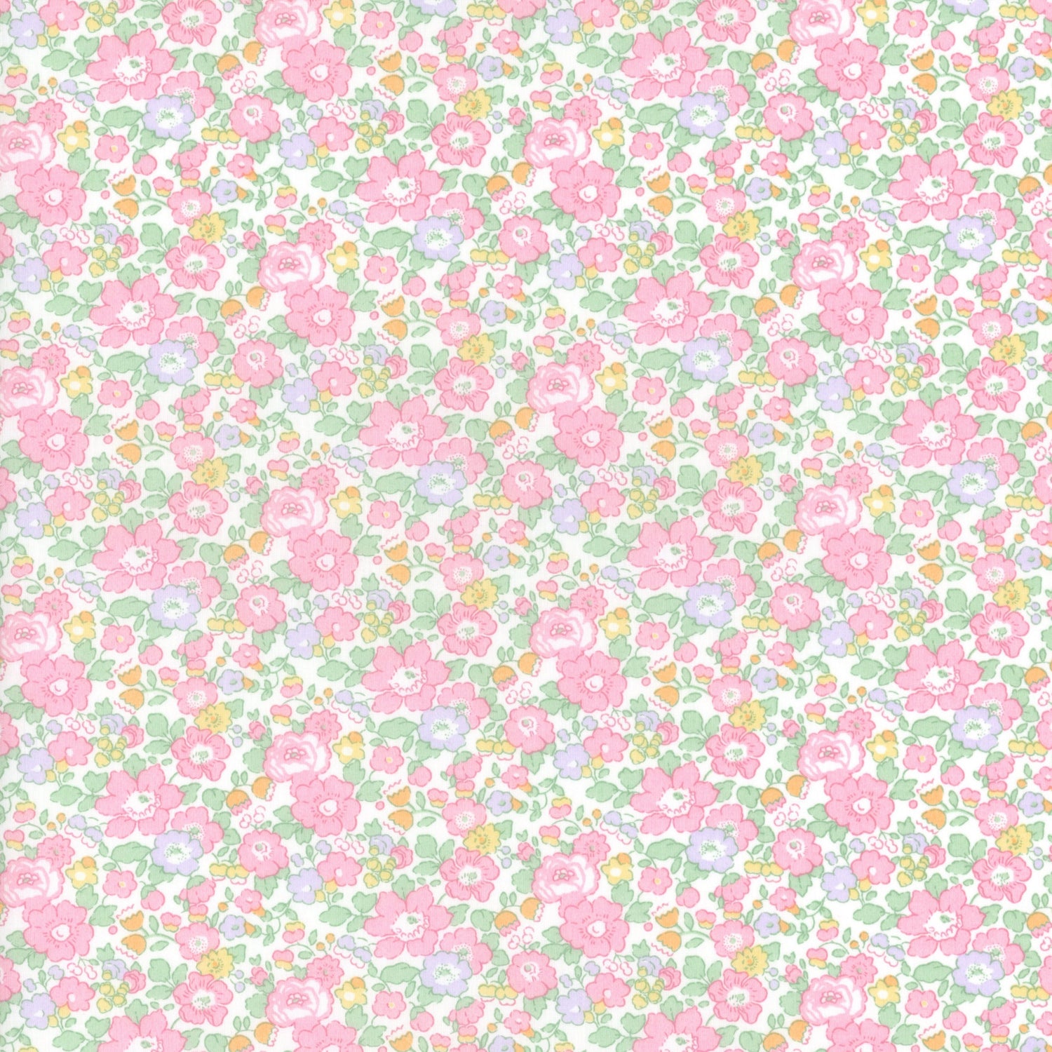 Liberty Betsy Ann H fabric with pink roses and pastel florals on white background