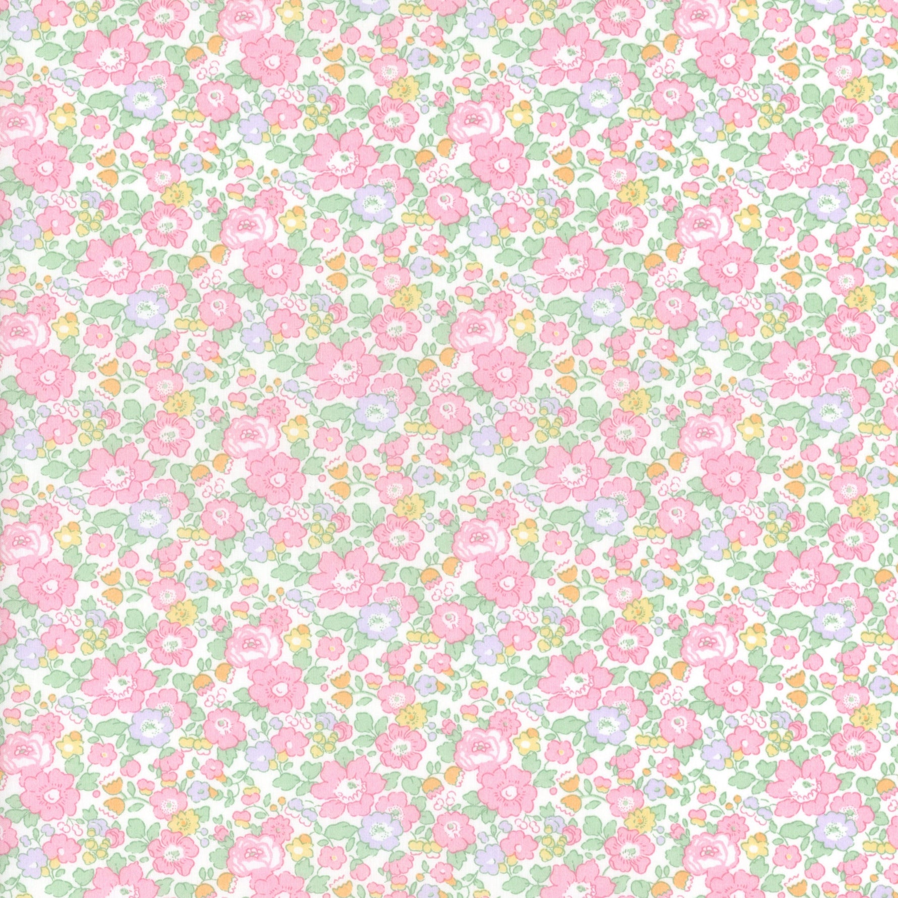 Liberty Betsy Ann H fabric with pink roses and pastel florals on white background