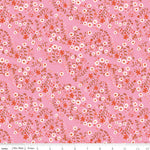 Pink cotton fabric with white and red small floral vines allover print