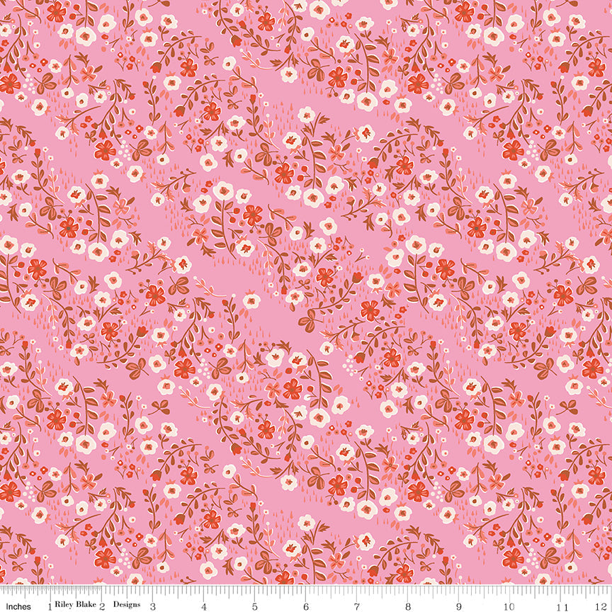 Pink cotton fabric with white and red small floral vines allover print