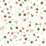 Cream cotton fabric with scattered trees, leaves, and fox illustrations in green, orange, and pink
