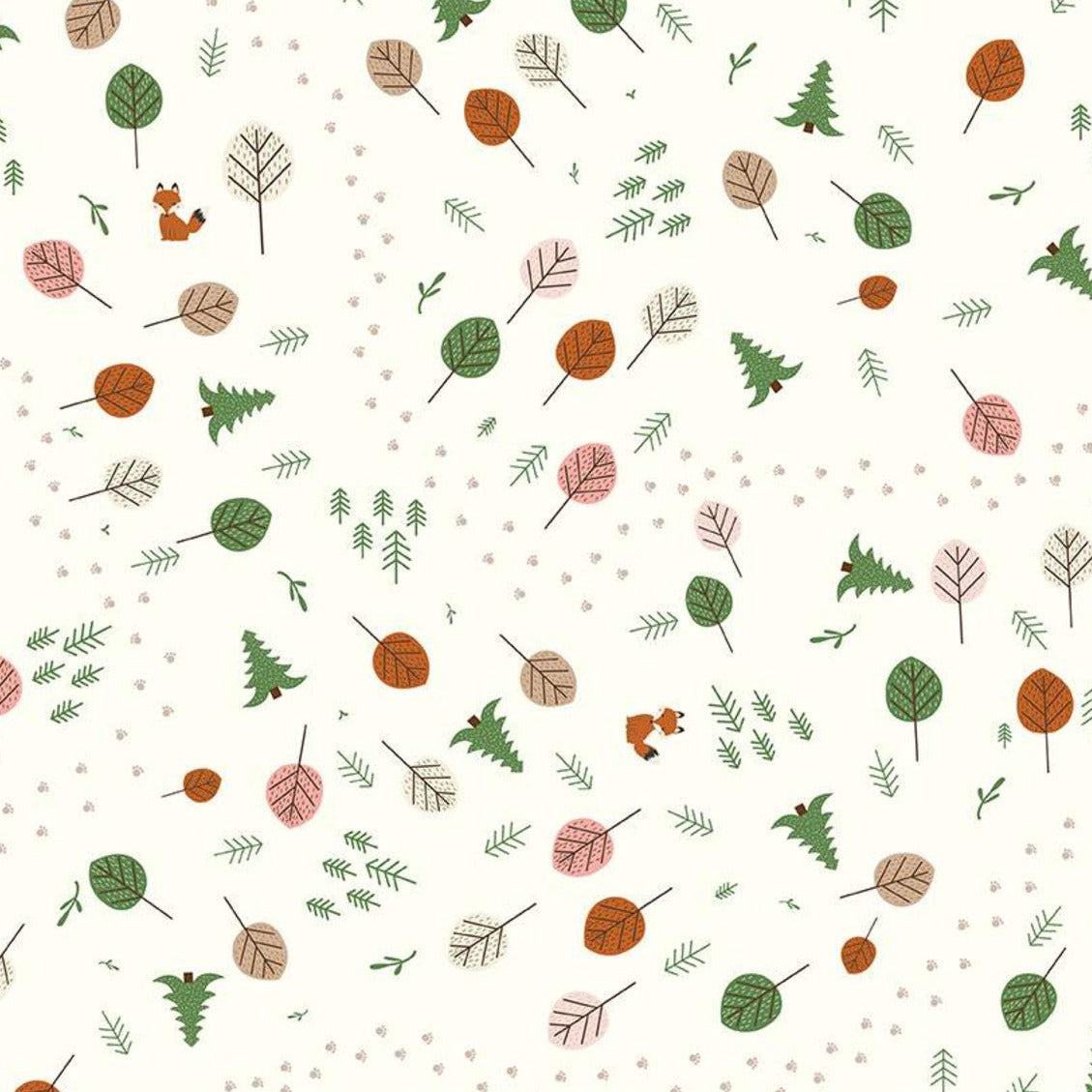 Cream cotton fabric with scattered trees, leaves, and fox illustrations in green, orange, and pink