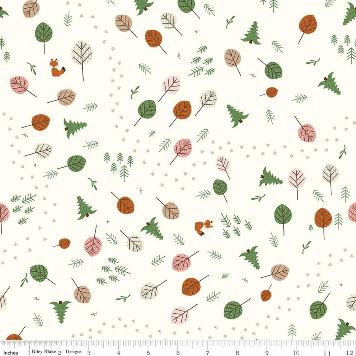Cream fabric with scattered green trees, colorful leaves, and tiny foxes pattern
