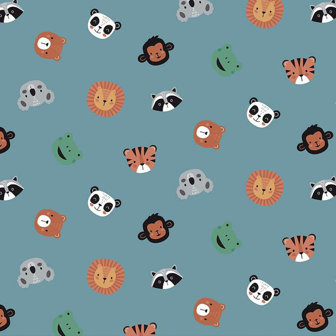 Blue fabric with tossed cartoon animal faces: lions, pandas, tigers, monkeys, frogs, raccoons, bears