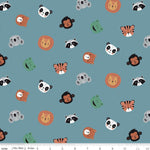 Teal fabric with scattered cartoon animal faces: lions, tigers, pandas, monkeys, raccoons, frogs, bears
