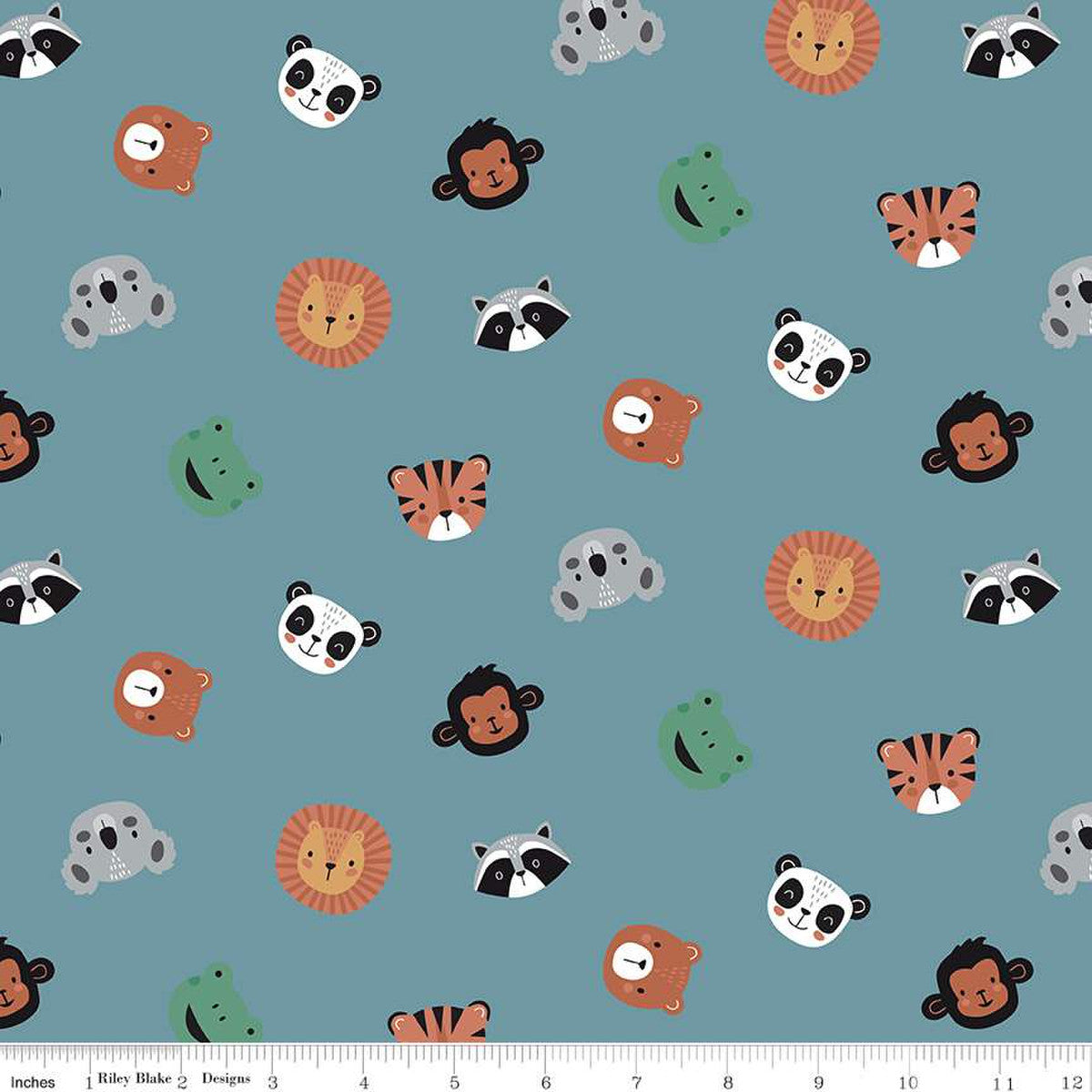 Teal fabric with scattered cartoon animal faces: lions, tigers, pandas, monkeys, raccoons, frogs, bears