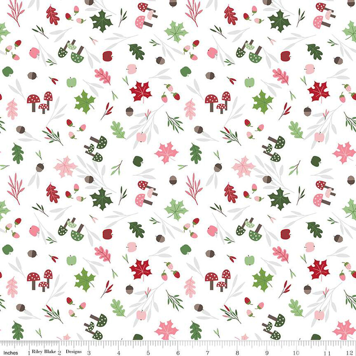 White fabric with scattered mushrooms, fall leaves, acorns, and berries in red, pink, green