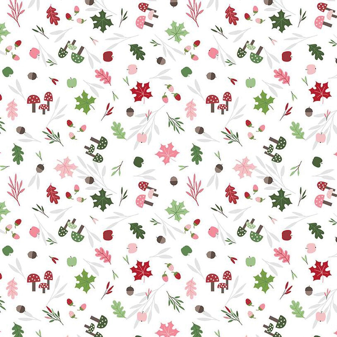 White fabric with scattered mushrooms, autumn leaves, acorns, berries, and apples in red, pink, and green