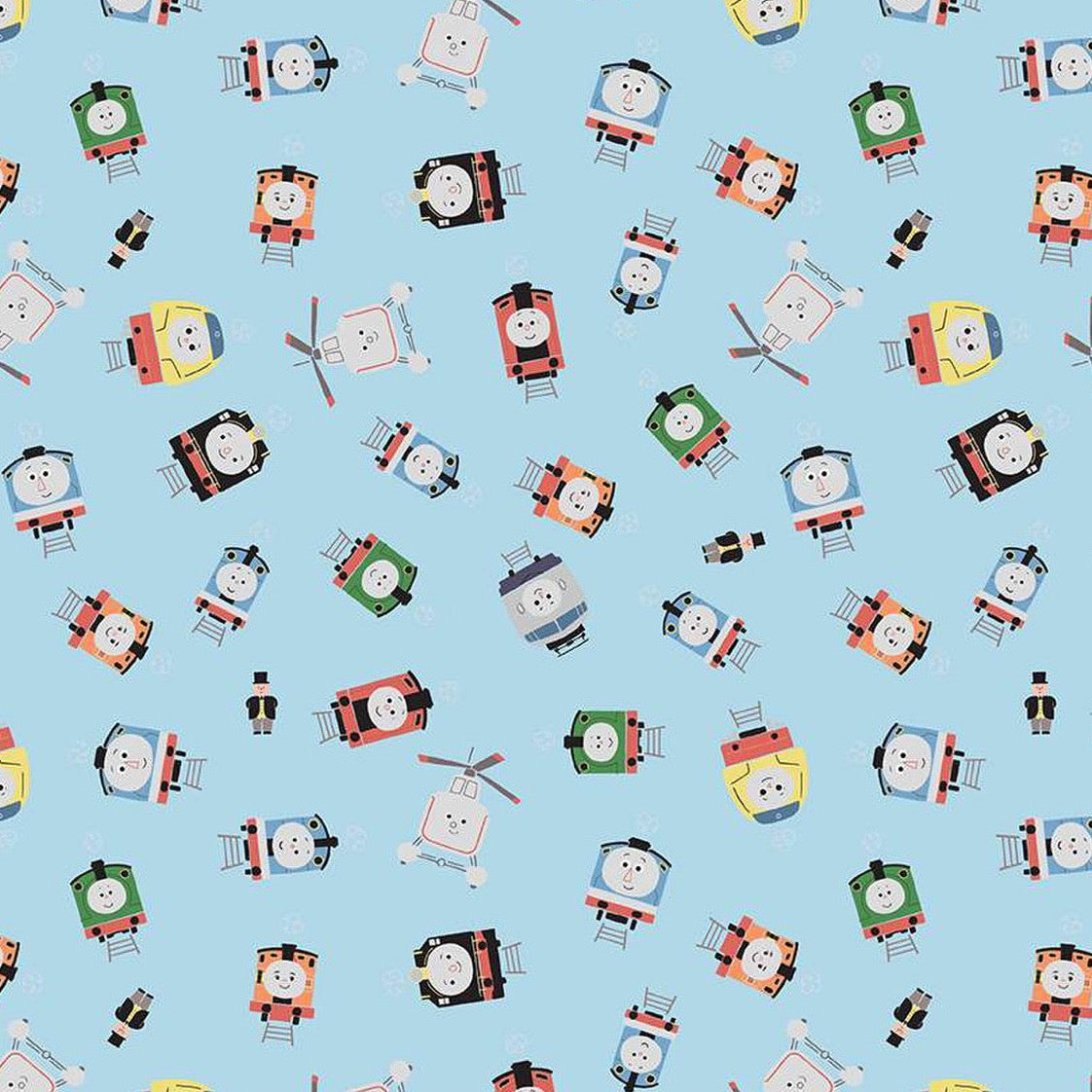 Light blue cotton fabric with scattered Thomas & Friends cartoon train character faces