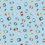 Light blue cotton fabric with scattered Thomas & Friends cartoon train character faces