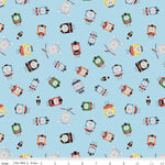 Light blue cotton fabric with tossed Thomas & Friends train character faces in multicolor
