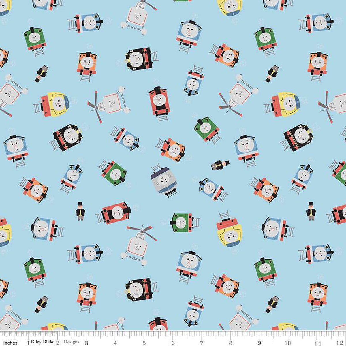 Light blue cotton fabric with tossed Thomas & Friends train character faces in multicolor