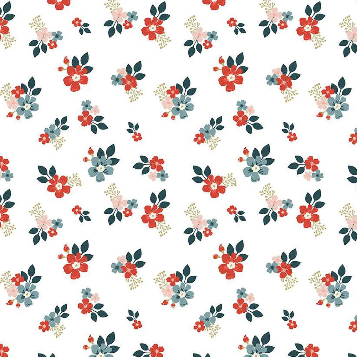 White cotton fabric with scattered red, pink, and blue floral bouquets and dark teal leaves