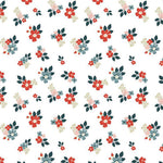 White cotton fabric with scattered red, pink, and blue floral bouquets and dark teal leaves
