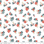 White quilting fabric with scattered red, pink, and blue floral bouquets and dark teal leaves.
