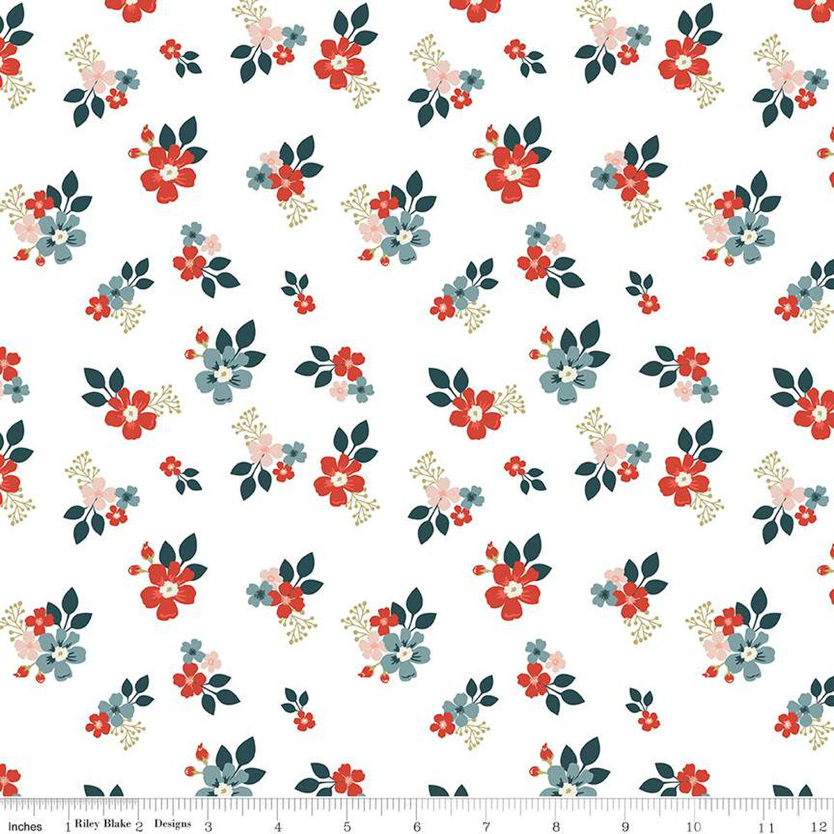 White quilting fabric with scattered red, pink, and blue floral bouquets and dark teal leaves.