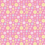 Pink cotton fabric with smiling suns and colorful pastel flowers allover pattern