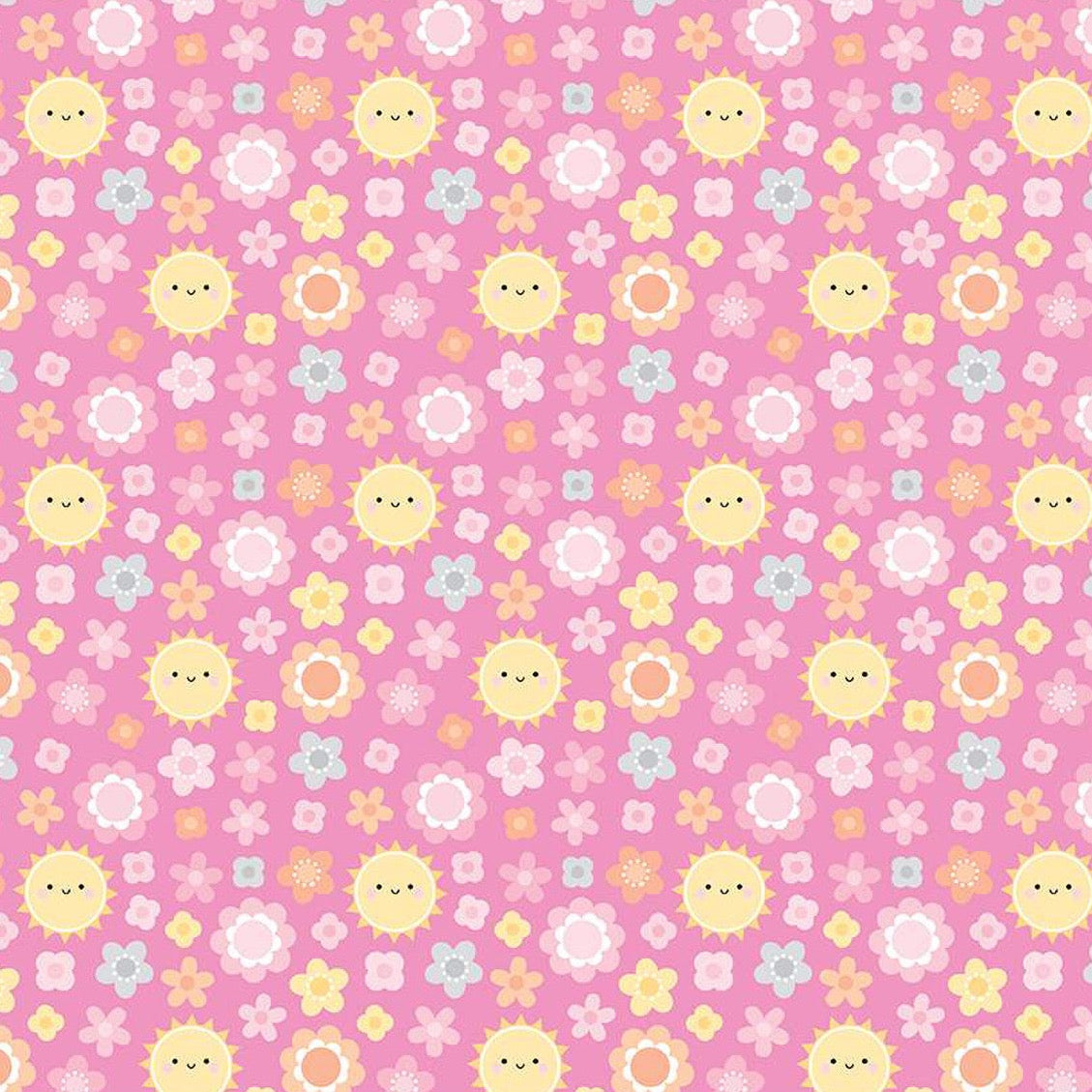 Pink cotton fabric with smiling suns and colorful pastel flowers allover pattern