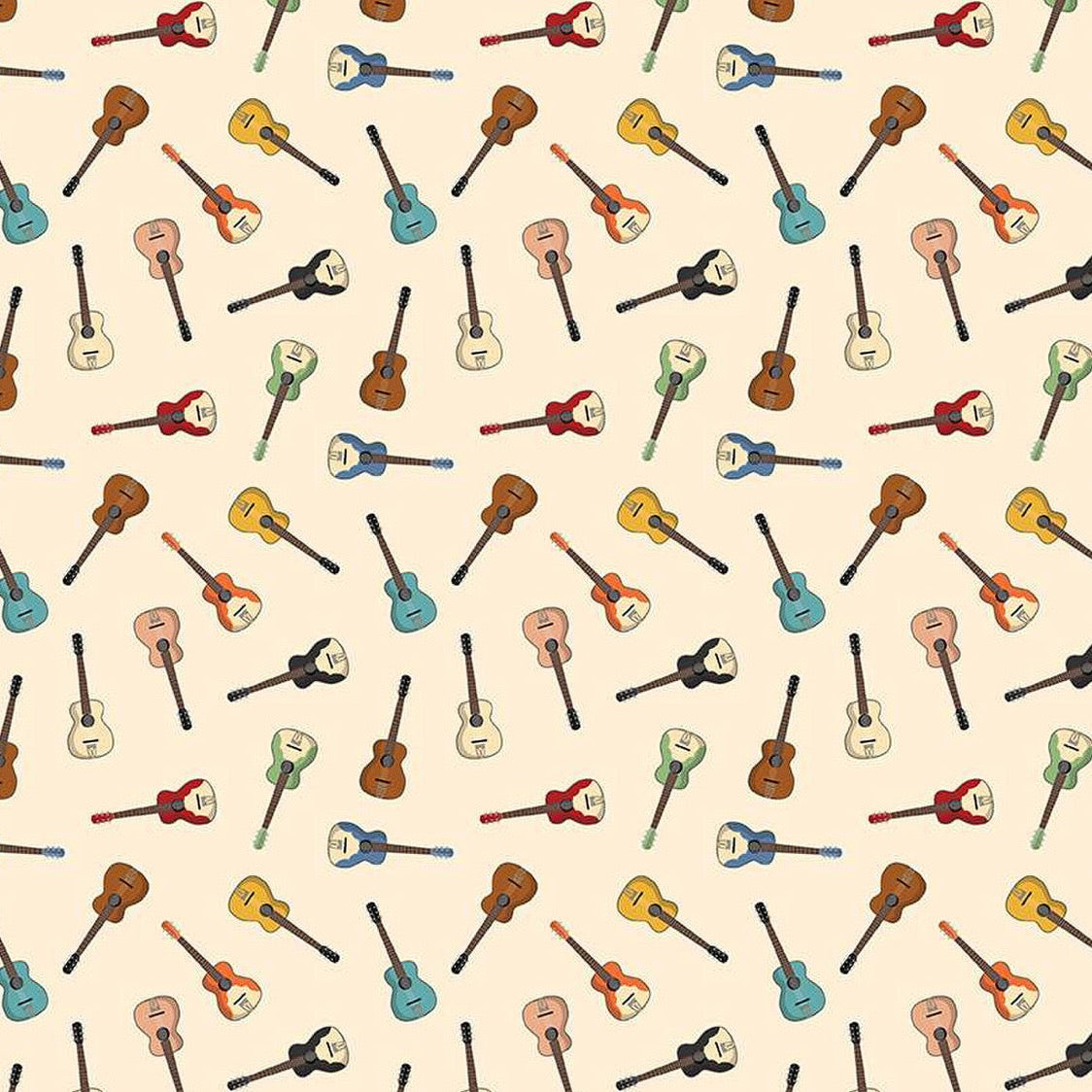 Cream fabric with scattered colorful acoustic guitars in red, blue, brown, and yellow