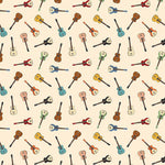 Cream fabric with scattered colorful acoustic guitars in red, blue, brown, and yellow