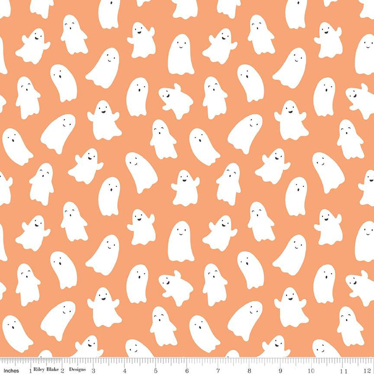 Orange cotton fabric with scattered white smiling ghost figures, Halloween pattern