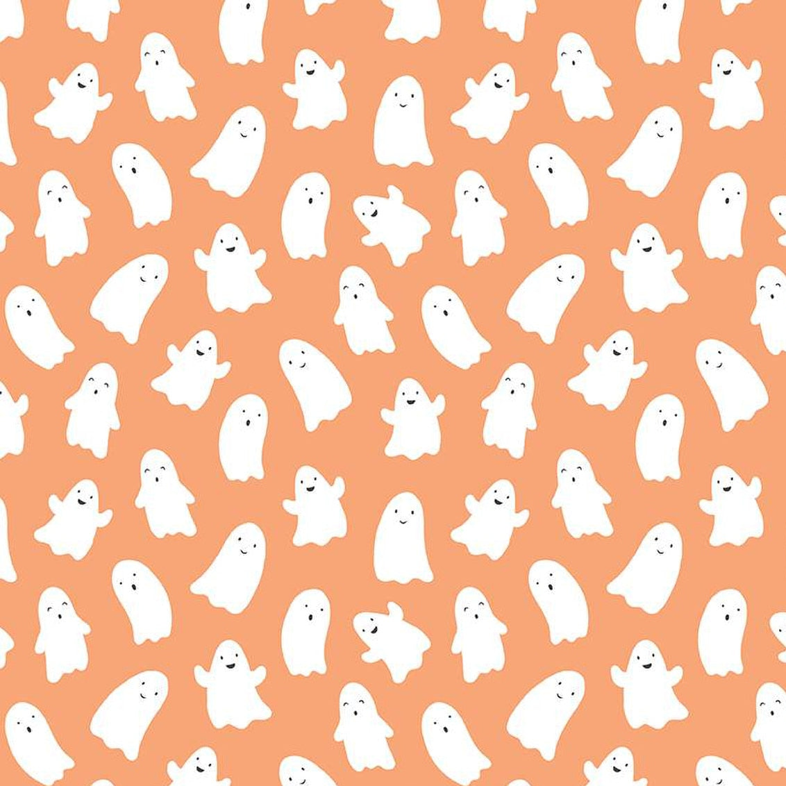 White cute ghost pattern on orange cotton fabric, Halloween theme