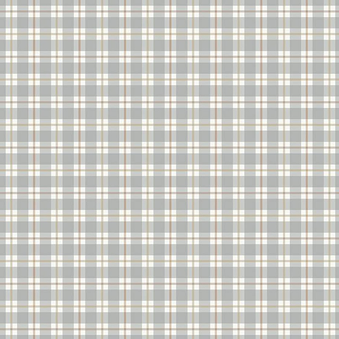 Gray plaid fabric with white, tan, and brown grid lines on neutral background