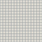 Gray plaid fabric with white, tan, and brown grid lines on neutral background