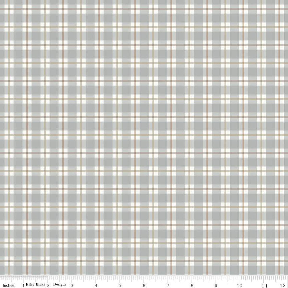 Gray plaid fabric with white and tan stripes, Riley Blake Designs, 3/4 yard remnant