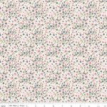 Cream quilting fabric with pink and blue scattered floral bouquet pattern by Riley Blake