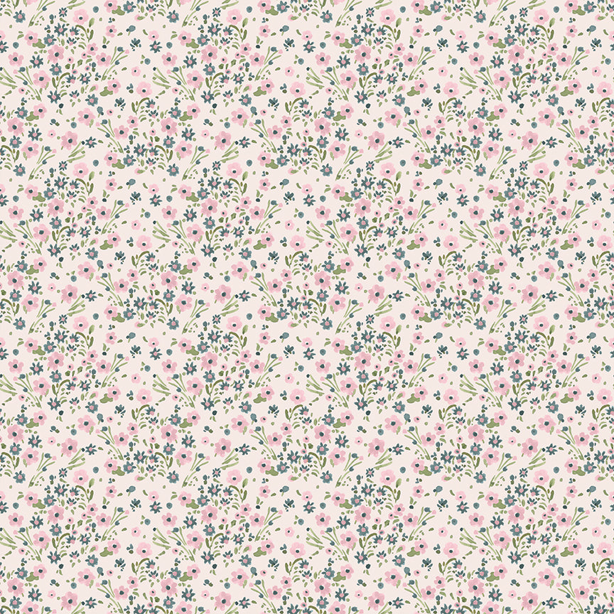 Cream fabric with pink and blue ditsy floral bouquet pattern and green leaves