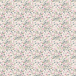 Cream fabric with pink and blue ditsy floral bouquet pattern and green leaves