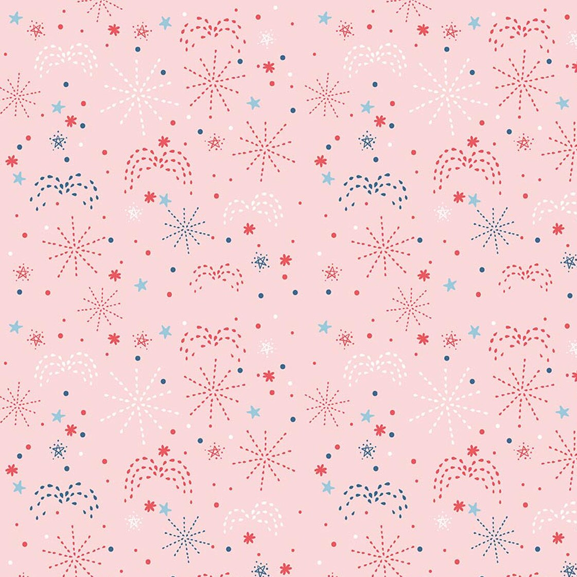 Pink quilting fabric with red, white, navy, and aqua fireworks, stars, and dots
