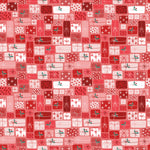Red and pink fabric covered with packed Christmas gift boxes in varied patterns