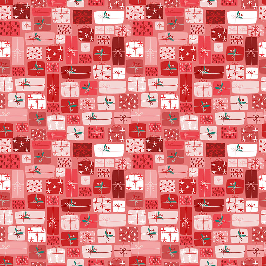 Red and pink fabric covered with packed Christmas gift boxes in varied patterns