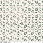 Cream quilting fabric with scattered green leaf sprigs and soft pink floral bouquets