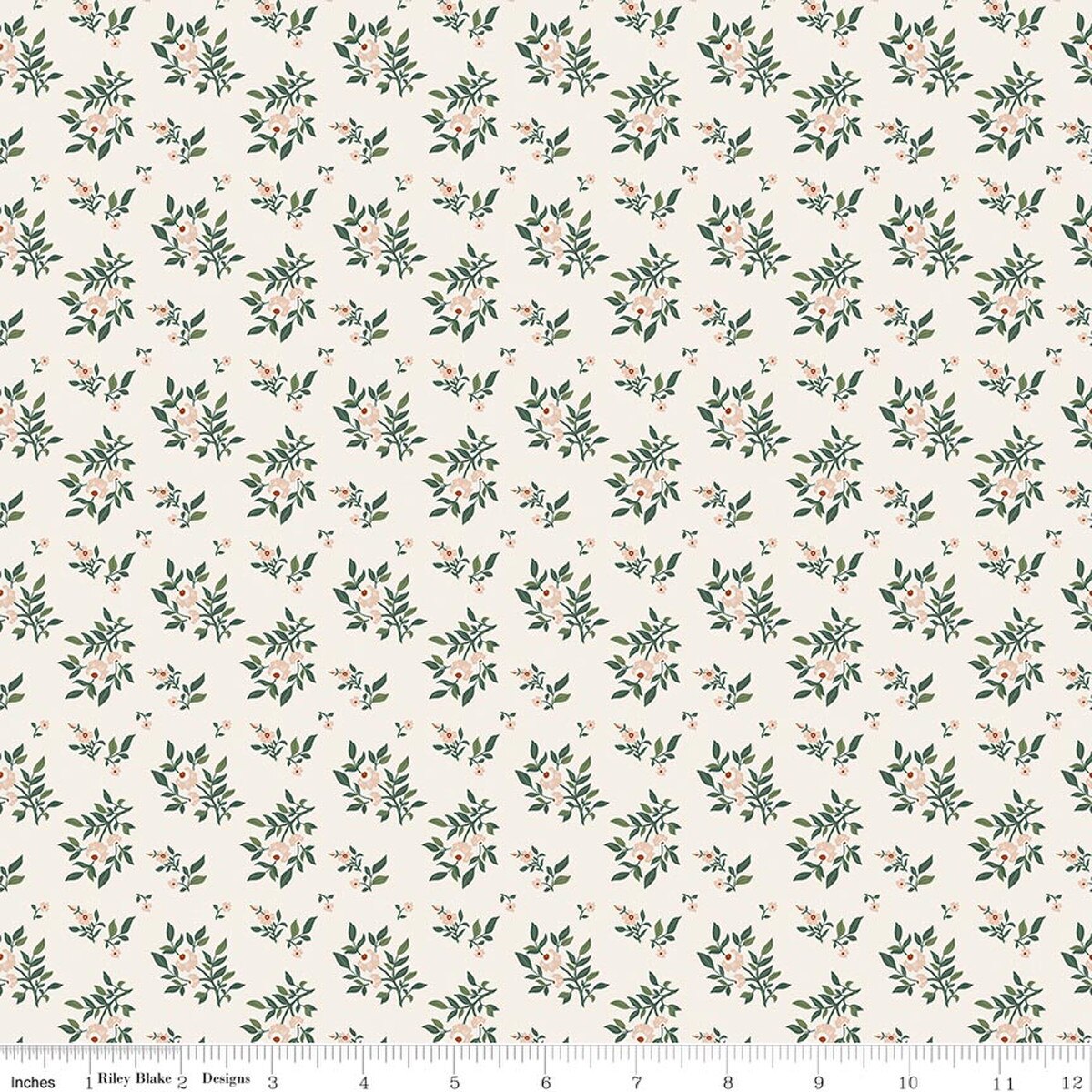 Cream quilting fabric with scattered green leaf sprigs and soft pink floral bouquets