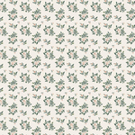 Cream fabric with small green leafy sprigs and pale pink floral clusters in repeat pattern.