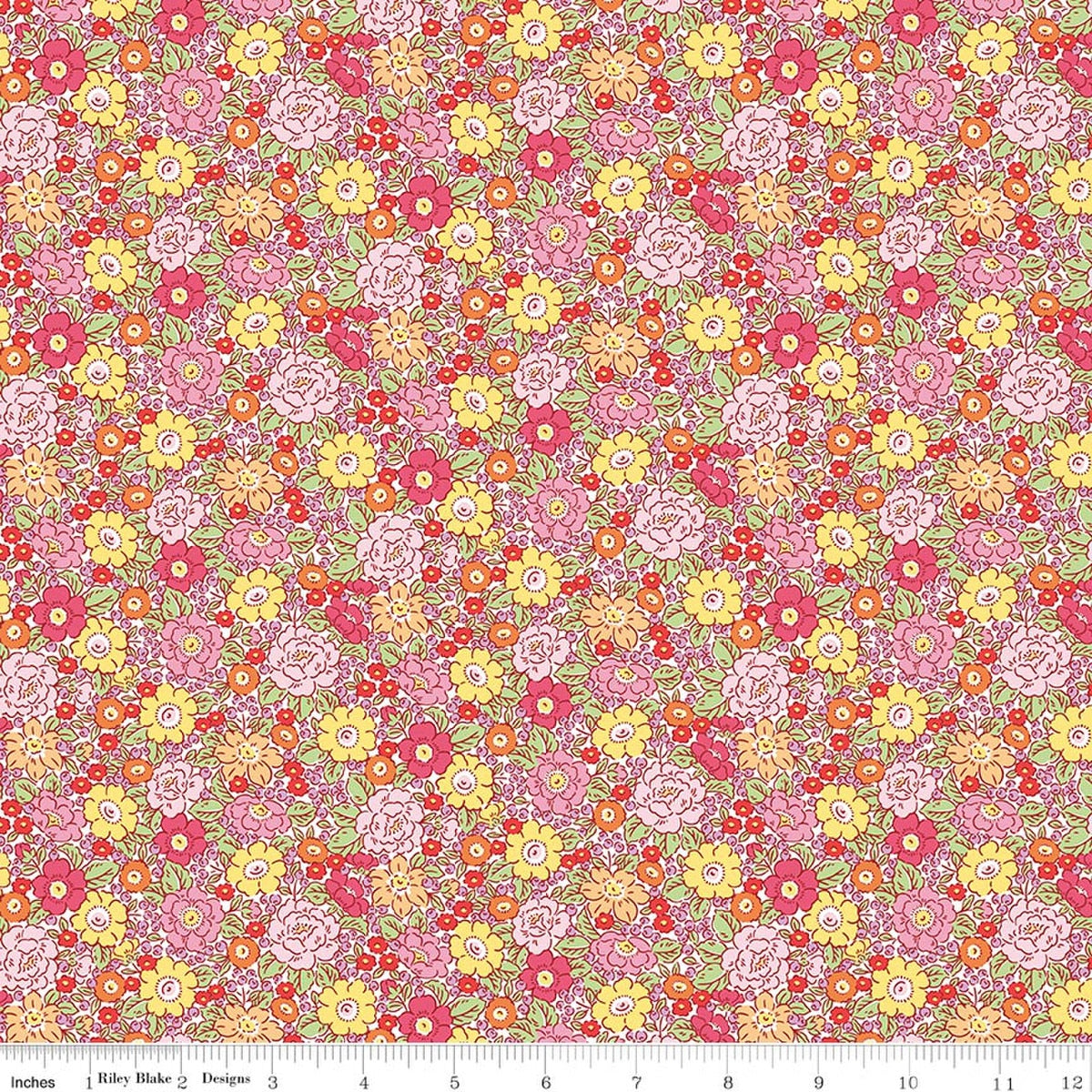 Traditional 1930s style floral fabric pattern in pink yellow orange red with ruler measurement