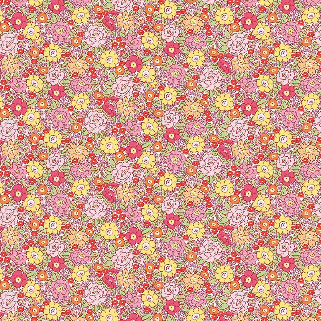 Pink cotton fabric with dense vintage floral pattern in yellow, red, and pink blooms