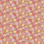 Pink cotton fabric with dense vintage floral pattern in yellow, red, and pink blooms