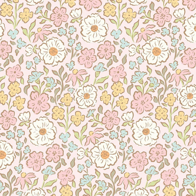 Little Posies pink main fabric featuring pastel floral pattern with white, pink, yellow, and blue flowers