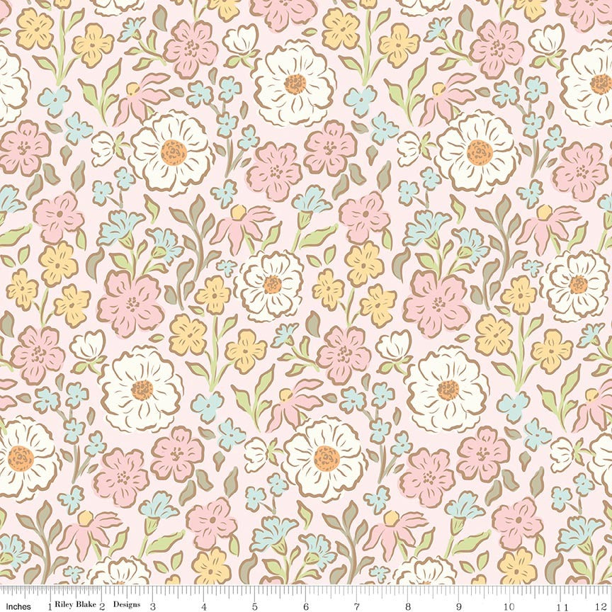 Little Posies Main Pink fabric featuring pastel floral print on soft pink background by Riley Blake