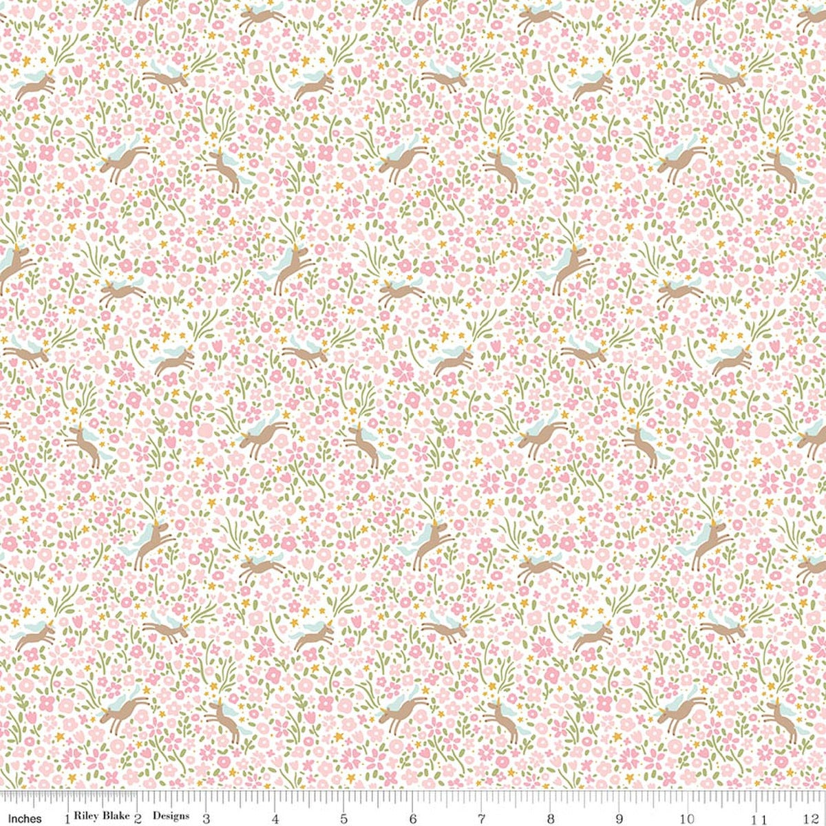 Riley Blake Little Posies Unicorns Pink fabric featuring jumping unicorns among pink floral meadow pattern