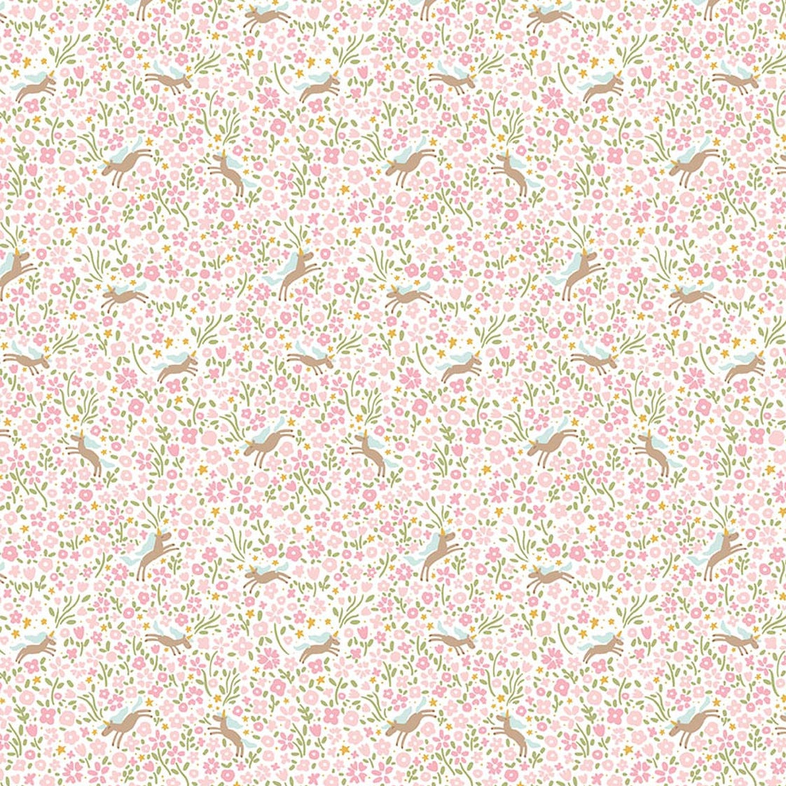 Pink floral fabric with leaping unicorns and green foliage on white background