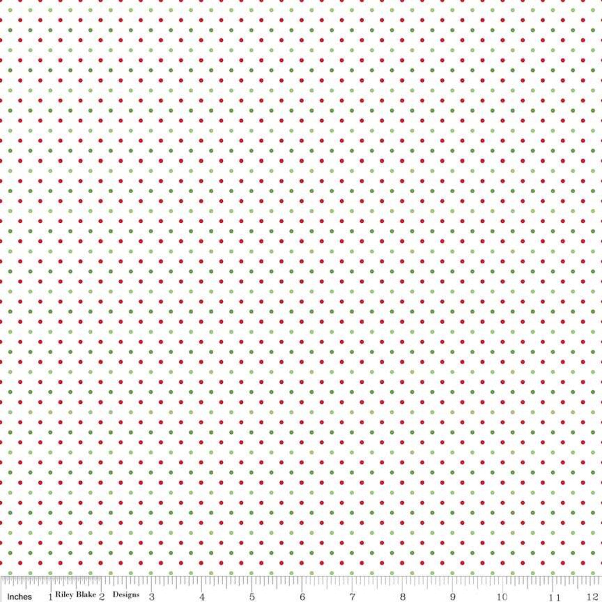 White fabric with small red and green polka dots, Christmas Swiss dot pattern