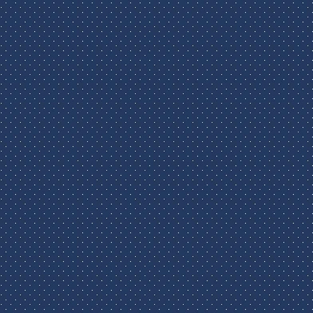 Navy blue cotton fabric with evenly spaced small white pin dots throughout